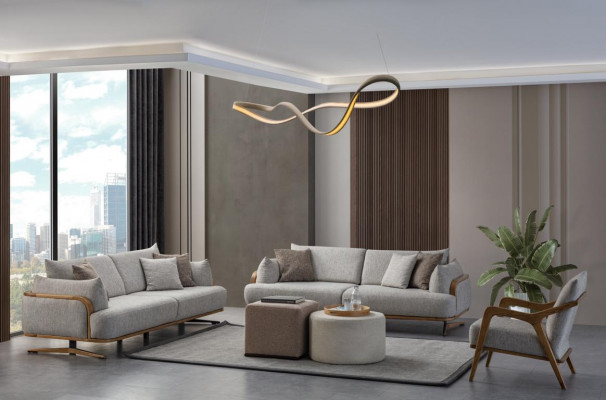 Furniture Living Room Light Color Set 2x 3-Seater Sofas and Armchair 3-piece.