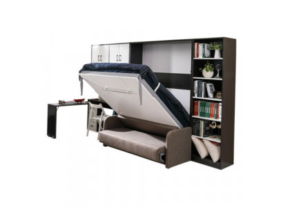 Wardrobe bed with sofa cushions, wall cabinets, folding sleep bed furniture + new couch