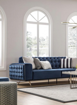 Classic Chesterfield Three-Seater Furniture Sofa Luxury Couches Blue 3-Seater Sofas