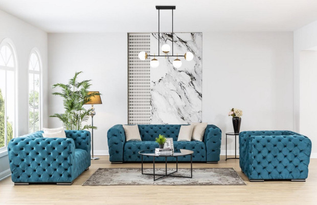 Chesterfield Sofa 4 Seat Design Living Room Upholstery Wood Upholstery Luxury Blue