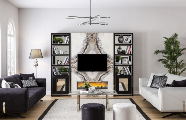 Luxury living room wall unit TV cabinet marble imitation black 270cm