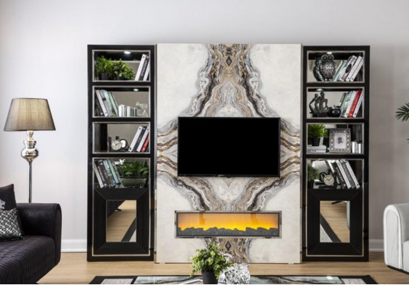 Luxury living room wall unit TV cabinet marble imitation black 270cm