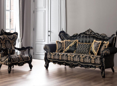 2-piece sofa set for the living room 3+1 seats black sofa and armchair with gold pattern