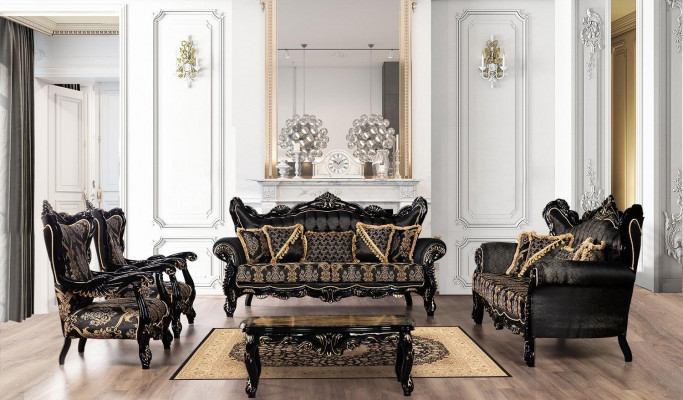 2-piece sofa set for the living room 3+1 seats black sofa and armchair with gold pattern