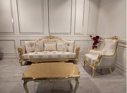 Sofa set: 3+1 seater sofa, armchair, table with carved legs, 3-piece coffee table.