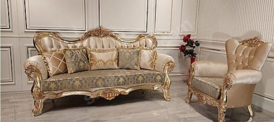 Chesterfield Baroque Three-seater Couch Furniture Sofa Fabric Gold Sofas