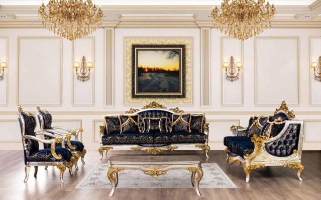 Luxury Armchair Classic Throne Chair Lounge Chair Baroque Velvet Blue Gold