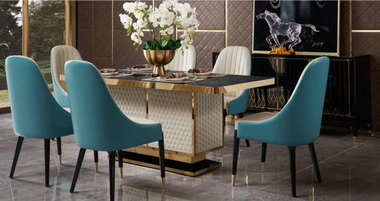 Designer wood dining room set table with 4 armchairs set ensemble