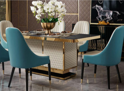 Designer wood dining room set table with 4 armchairs set ensemble