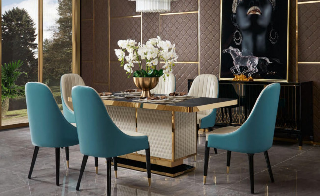 Designer wood dining room set table with 4 armchairs set ensemble