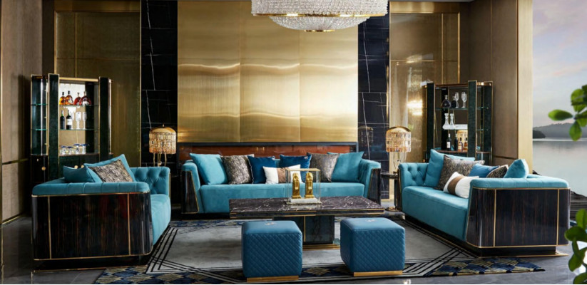 Textile sofa design, noble wood living landscape, complete set