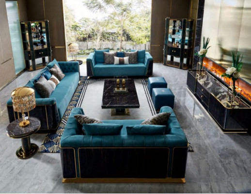 Textile sofa design, noble wood living landscape, complete set