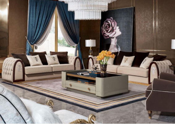 Chesterfield Sofa Beige Sofas Textile Fabric Couches Luxury Furniture 4-seater 295cm