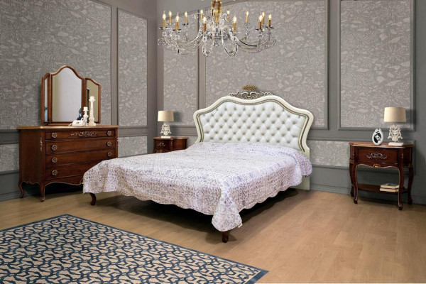 Complete 4-piece set for the bedroom design: modern luxurious bed, 2x nightstand, dresser