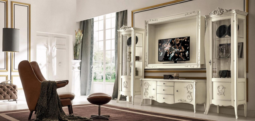 Set of 4-piece living room furniture: showcase cabinet, TV sideboard, cabinet, table, living room wooden furniture.
