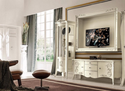 Set of 4-piece living room furniture: showcase cabinet, TV sideboard, cabinet, table, living room wooden furniture.