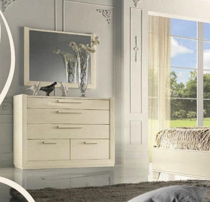 Bedroom set: bed, nightstand, dresser, mirror, luxury wood design, 5-piece set.