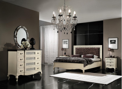 Luxury bedroom set, 4-piece. Bed, 2 nightstands, dresser, solid wood furniture, Italy.