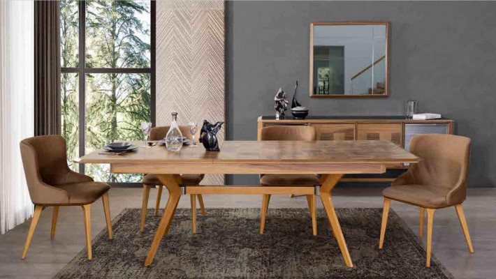 Designer wood dining room set: table, 4 chairs with backrests, 5-piece upholstered set.