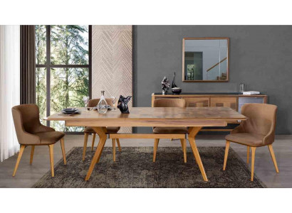 Designer wood dining room set: table, 4 chairs with backrests, 5-piece upholstered set.