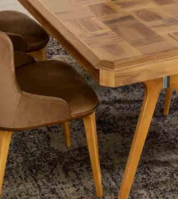 Designer wood dining room set: table, 4 chairs with backrests, 5-piece upholstered set.