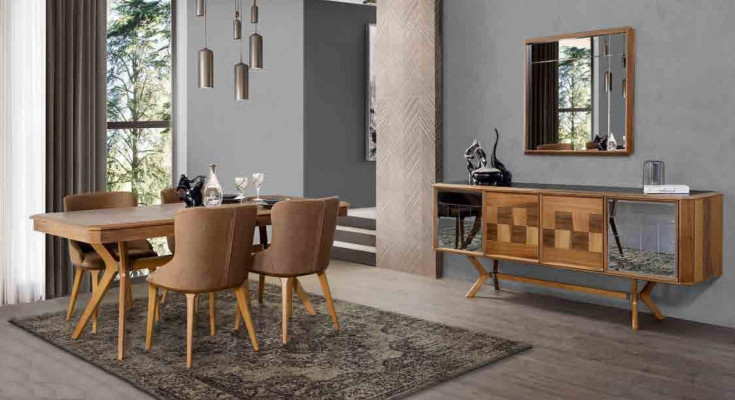 Designer wood dining room set: table, 4 chairs with backrests, 5-piece upholstered set.