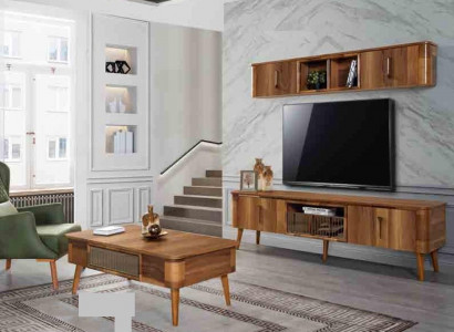 RTV TV Sideboard Leather Wood Table TV Cabinet Table Design Low 2-piece Set New