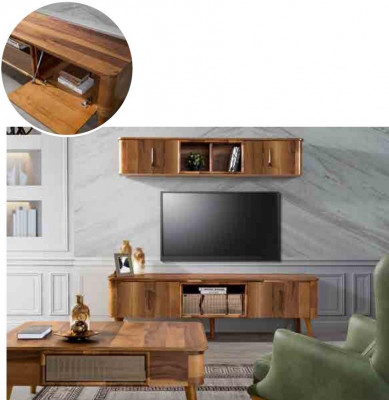 RTV TV Sideboard Leather Wood Table TV Cabinet Table Design Low 2-piece Set New