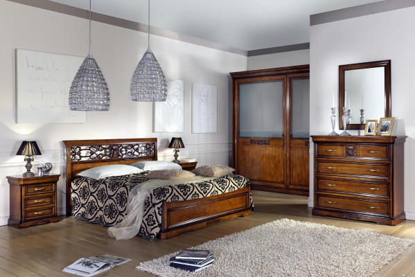 Complete bedroom set brown wardrobe bed nightstand dresser mirror