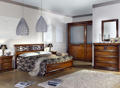 Complete bedroom set brown wardrobe bed nightstand dresser mirror