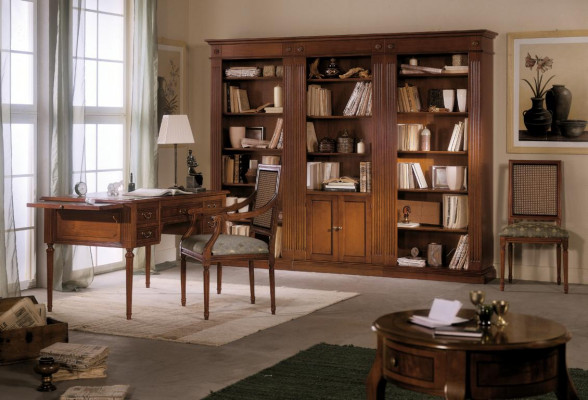 Desk and chair made of wood with armrests, bookshelf, office furniture design, 3-piece set
