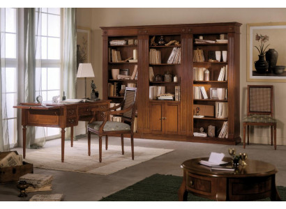Desk and chair made of wood with armrests, bookshelf, office furniture design, 3-piece set