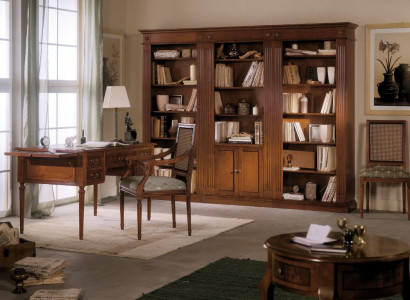 Desk and chair made of wood with armrests, bookshelf, office furniture design, 3-piece set