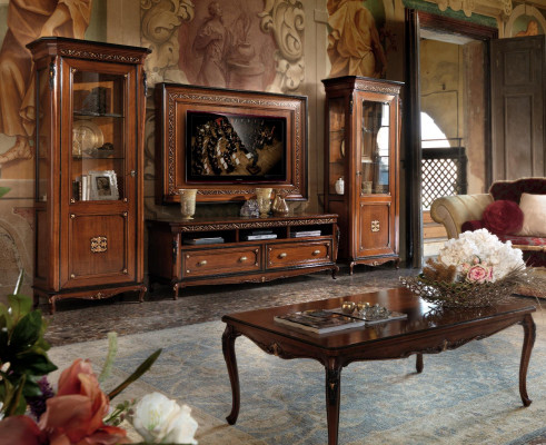 Set of 4 pieces: Living room RTV cabinet, display cabinet, dresser, coffee table, wood, luxury set group