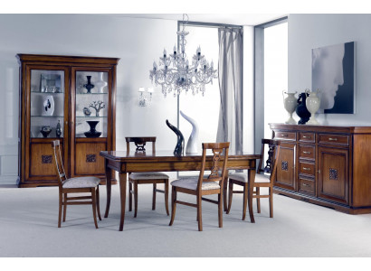 Dining room set 7-piece. Dining table chairs sideboard display case group suite wood brown.