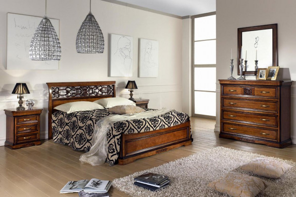 Complete bedroom set wood brown bed 2x bedside table dresser mirror new
