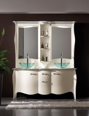 Classic double sink bathroom vanity with wooden base cabinet and freestanding mirror