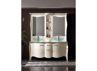Classic double sink bathroom vanity with wooden base cabinet and freestanding mirror