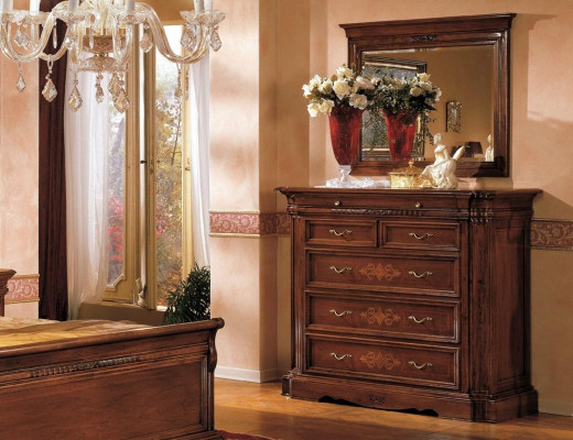 Solid wood dresser with mirror, sideboard chest of drawers set, Italian furniture 2-piece set.