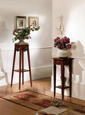 Wooden plant stand in brown with drawer and shelf