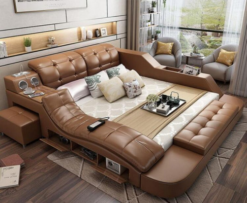 Double luxury leather bed + USB upholstered beds modern hotel multifunction massage