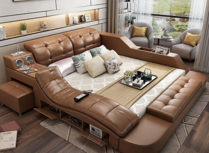 Double luxury leather bed + USB upholstered beds modern hotel multifunction massage