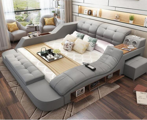 Double luxury leather bed + USB upholstered beds modern hotel multifunction massage