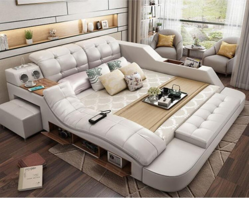 Double luxury leather bed + USB upholstered beds modern hotel multifunction massage