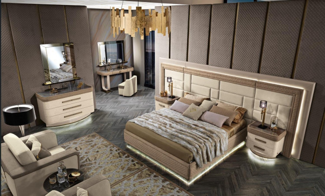 Luxury bedroom design with bed, 2 nightstands, dresser set, 8-piece set.