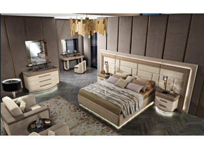 Luxury bedroom design with bed, 2 nightstands, dresser set, 8-piece set.