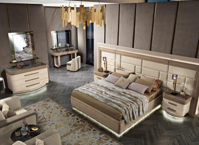 Luxury bedroom design with bed, 2 nightstands, dresser set, 8-piece set.