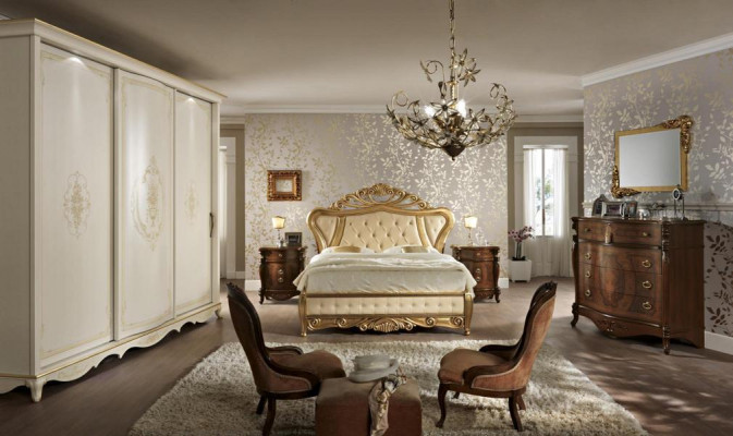 Bedroom furniture: bed, wardrobe, drawer, bedside table with drawers, 5-piece dresser.