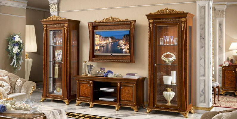 4-piece set: living room RTV, 2x display cabinet, TV frame, wood, luxury ensemble group, Italy
