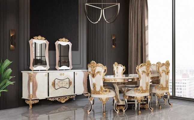 Luxury dining room set 9 pcs. Dining table + 6x chairs + sideboard with mirror white new